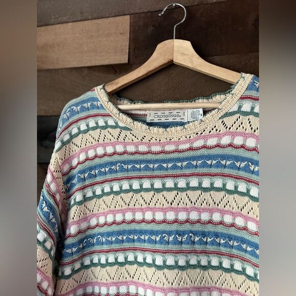 Vintage Pastel Multi-Patterned Knit Crossings Jumper Sweater – 100% Cotton - Picture 4 of 13